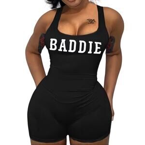 NWT ~ Women's Black Backless "BADDIE" Shorts Jumpsuit Romper ~ Size XL